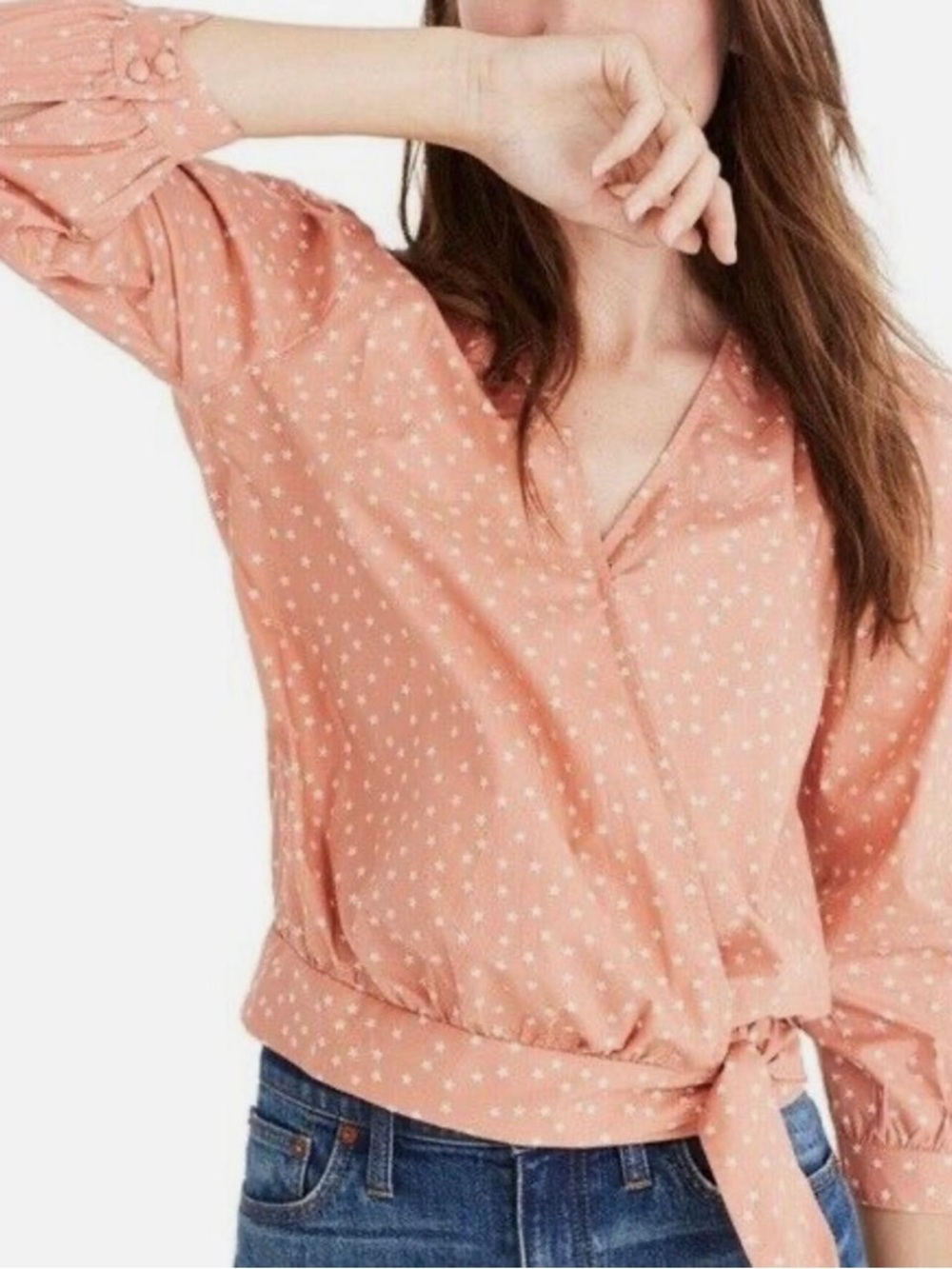 Madewell Peach Pink Star Scatter Wrap Top - Picture 2 of 14